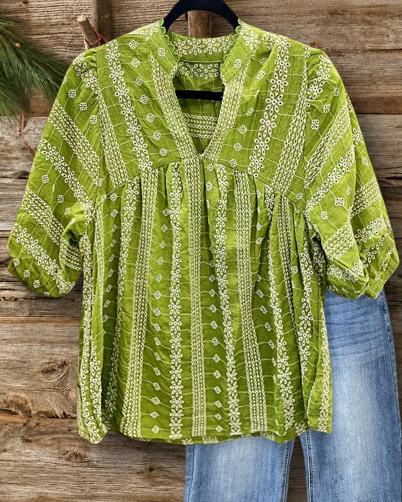 Floral Print Scalloped Trim V Neck Relaxed Blouse