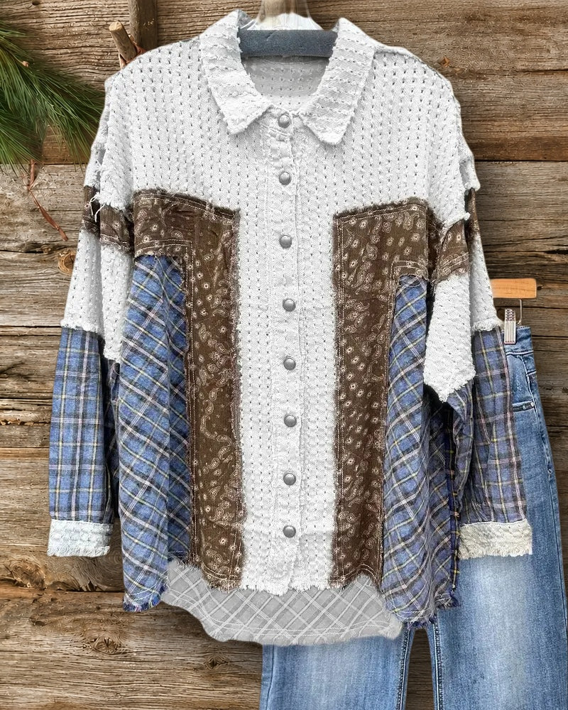 Mixed Patchwork Stylish Ripped Frayed Button Blouse