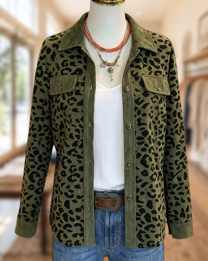 Leopard Print Corduroy Button Down Chest Pocket Casual Jacket