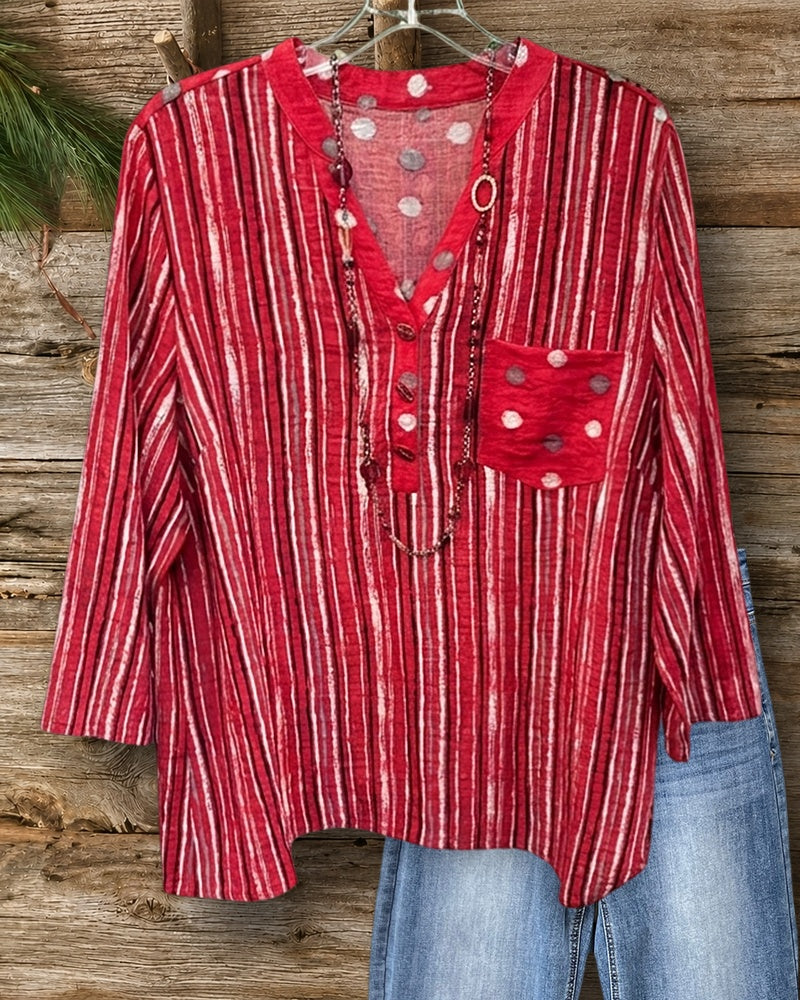 Striped Henley Neck 3/4 Sleeve Chest Pocket Casual Blouse