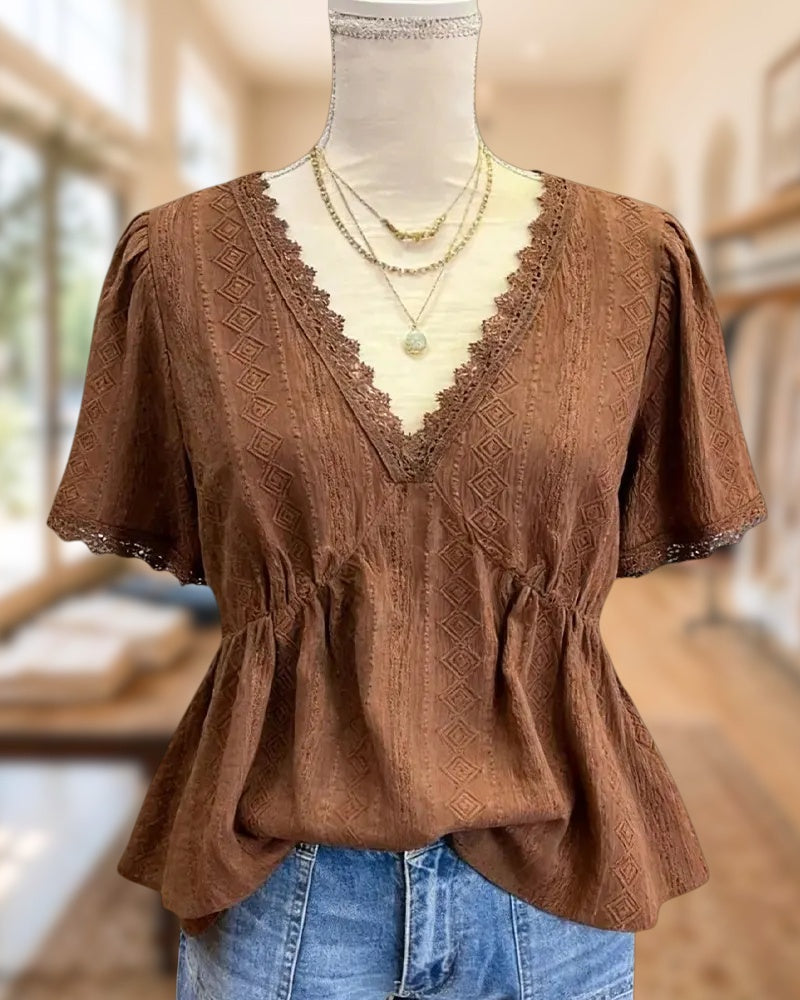 V Neck Lace Trim Puff Sleeve Cinched Waist Peplum Blouse