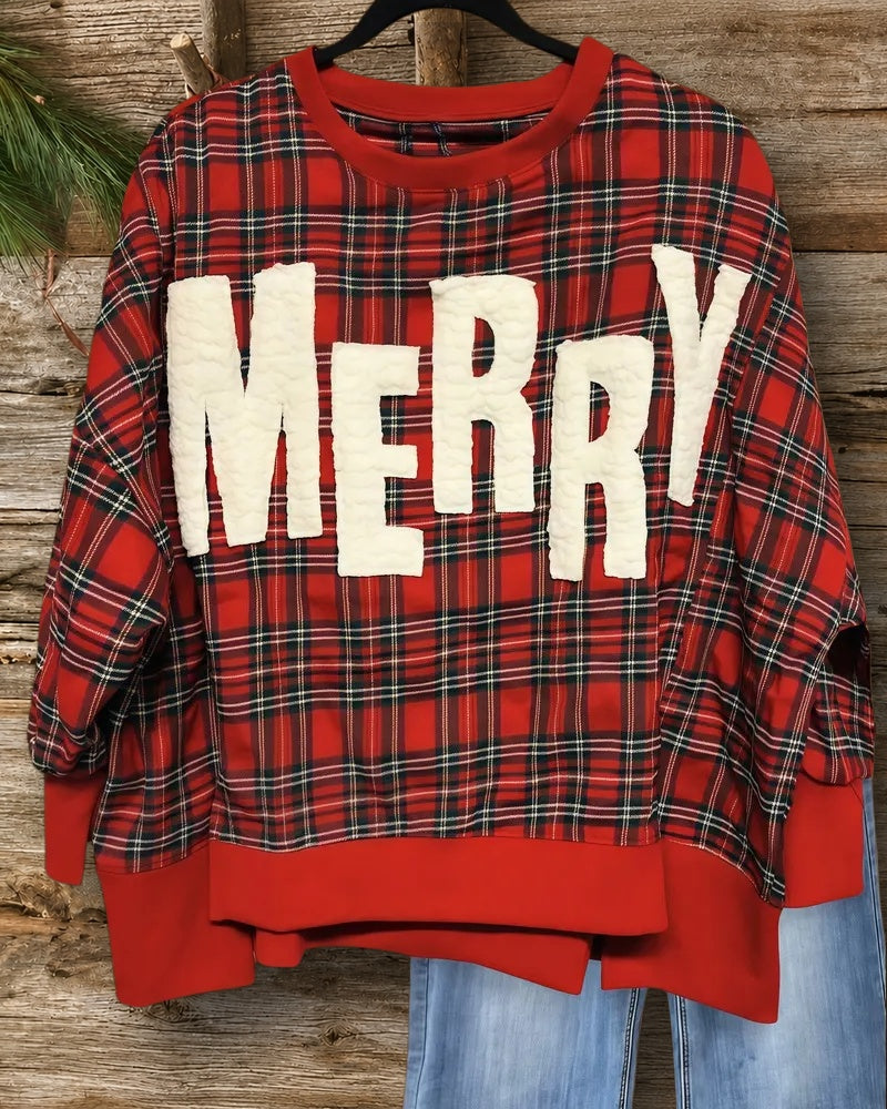 Letter Applique Plaid Round Neck Oversized Sweatshirt