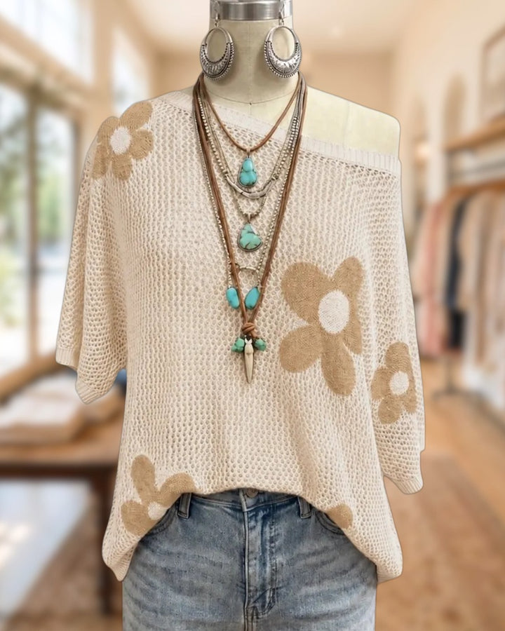 Off Shoulder Floral Pattern Hollow Knit Short Sleeve Top