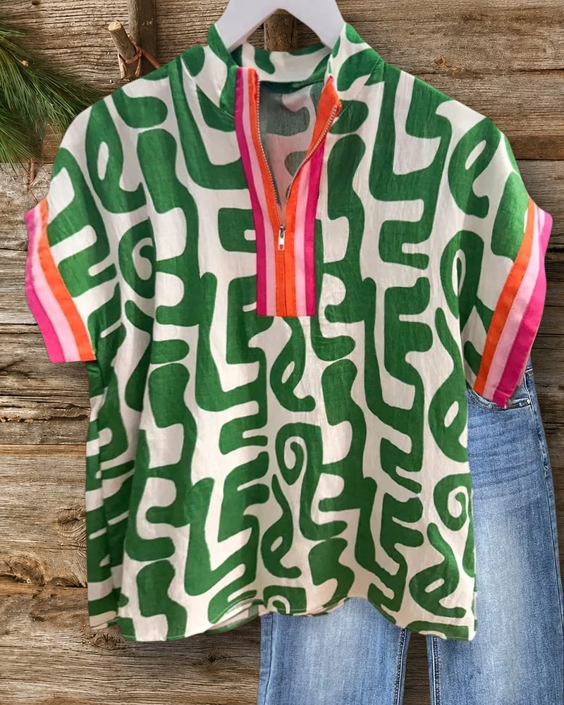 Graphic Print Classic Zipper Collar Blouse