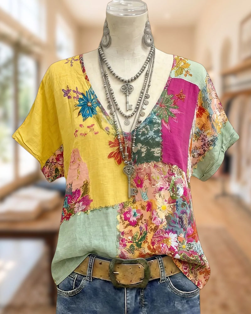 Patchwork Floral Print V Neck On-trend Blouse