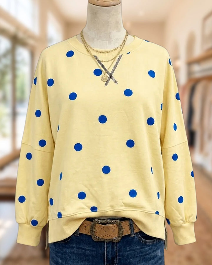Polka Dot Crew Neck Cozy Sweatshirt With Side Slits