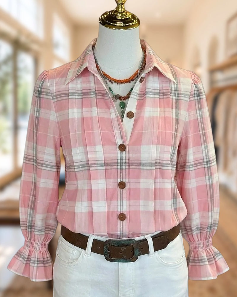 Collared Plaid Button Front Pintuck Flare Cuff Casual Blouse