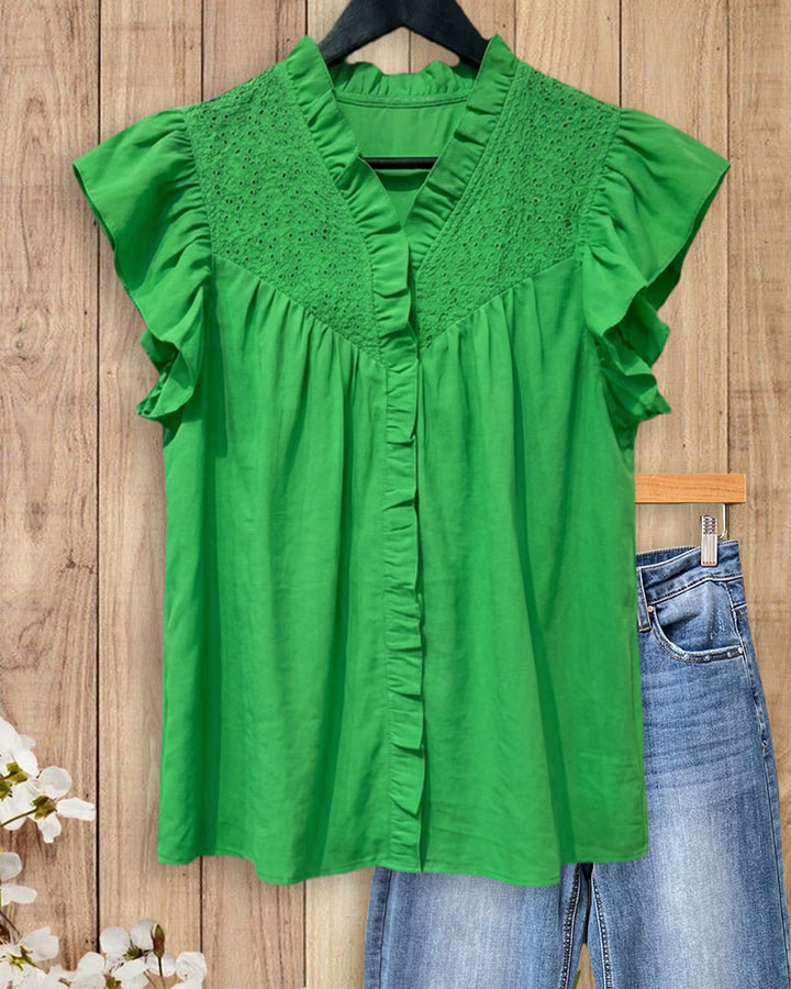Ruffle Trim V Neck Smocked Flutter Sleeve Casual Blouse