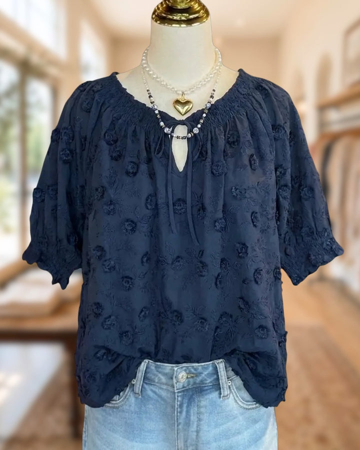 Floral Embroidered Smocked Tie Front Puff Sleeve Blouse