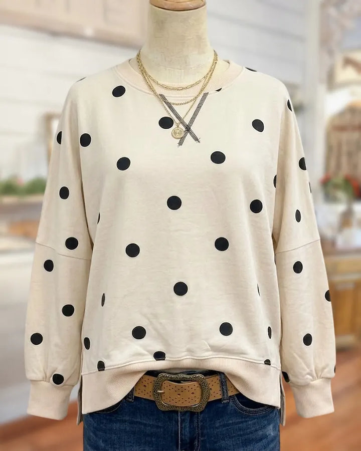 Polka Dot Crew Neck Cozy Sweatshirt With Side Slits