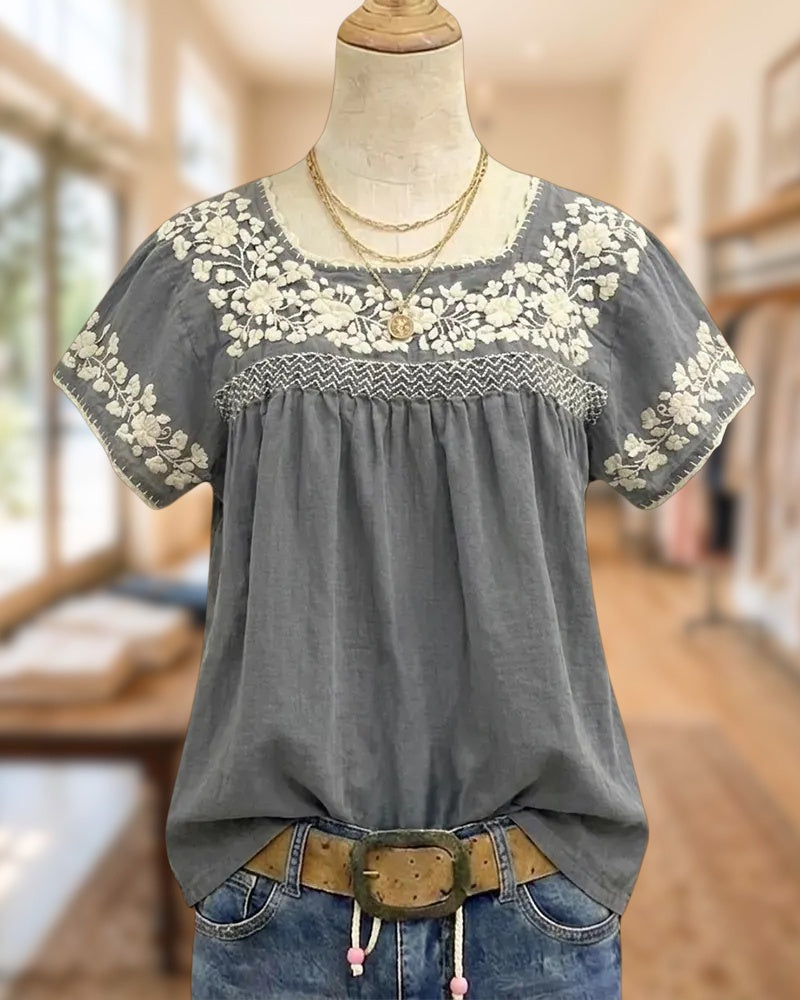 Square Neck Floral Embroidered Short Sleeve Flowy Blouse