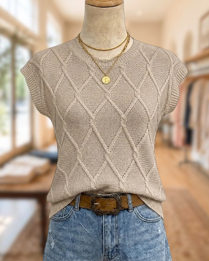 Cable Knit Cap Sleeve Crew Neck Casual Blouse
