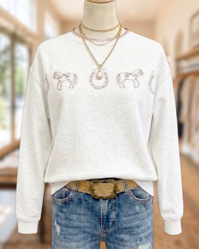 Horse Horseshoe Embroidery Contrast Stitched Crew Neck Sweatshirt