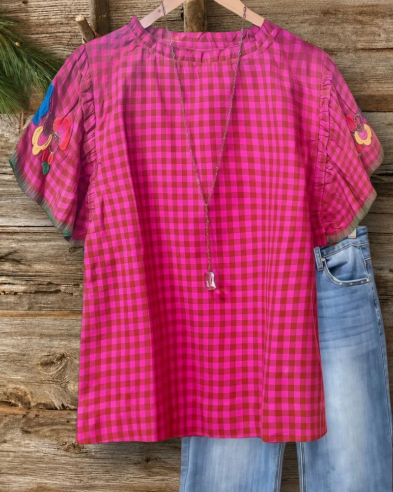 Floral Embroidery Checked Girly Ruffle Sleeve Blouse
