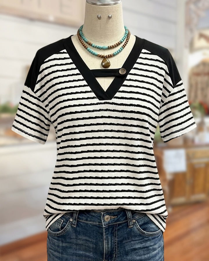 Striped V Neck Cutout Button Detail Short Sleeve T-Shirt
