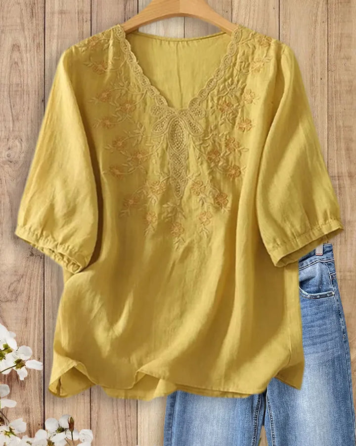 V Neck Floral Embroidered Half Sleeve High Low Hem Blouse