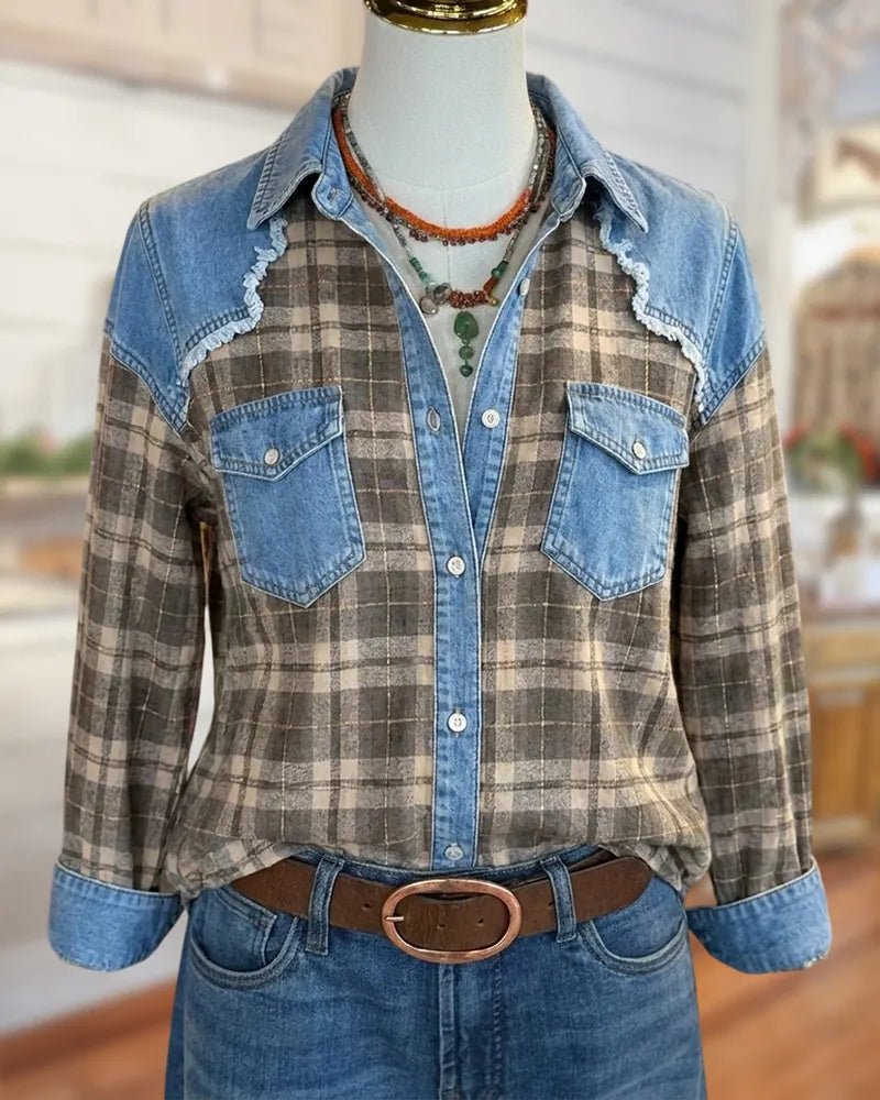 Plaid Denim Patchwork Shirt