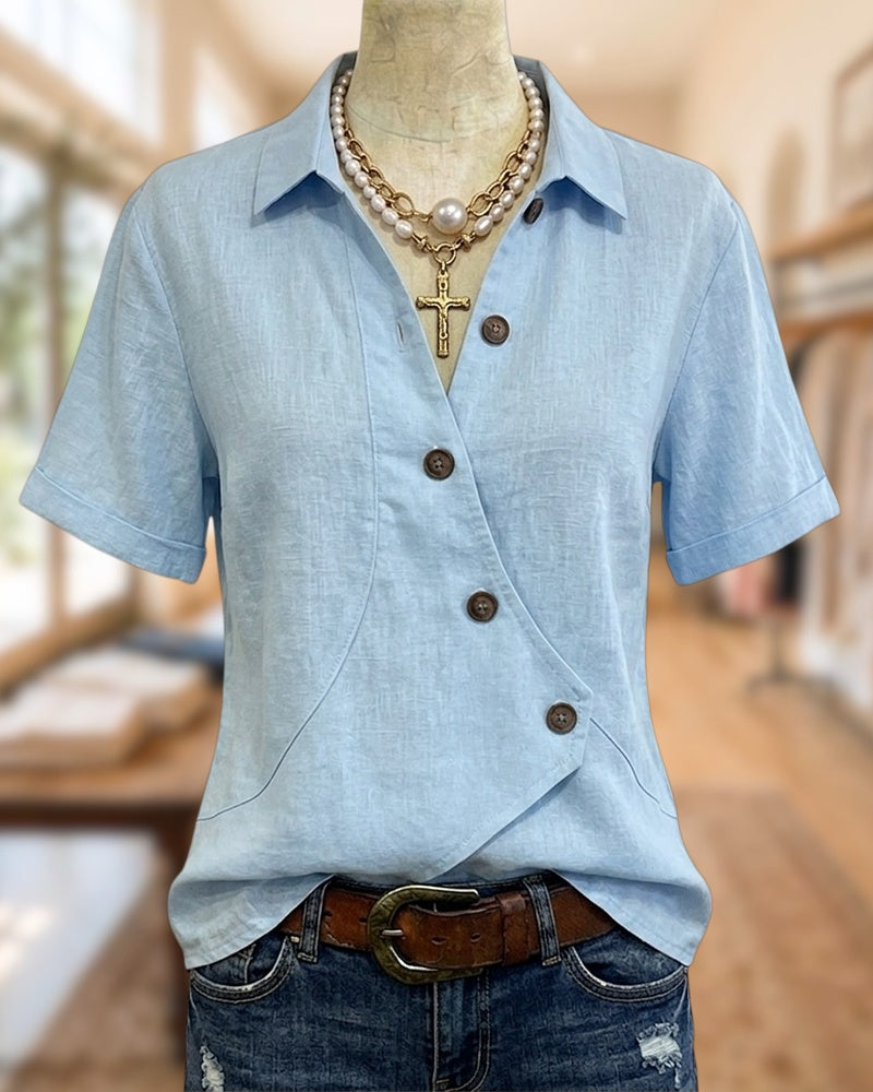 Collared Short Sleeve Asymmetric Button Front Daily Casual Shirt