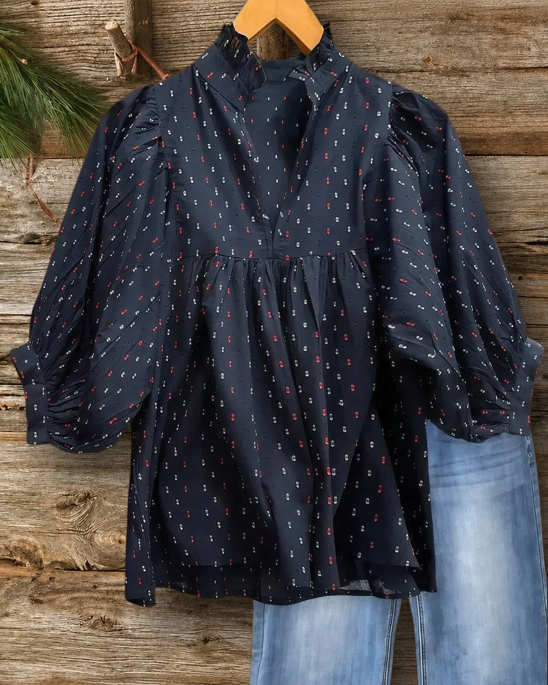 Clip Dot V Neck Puff Sleeve Commuting Blouse