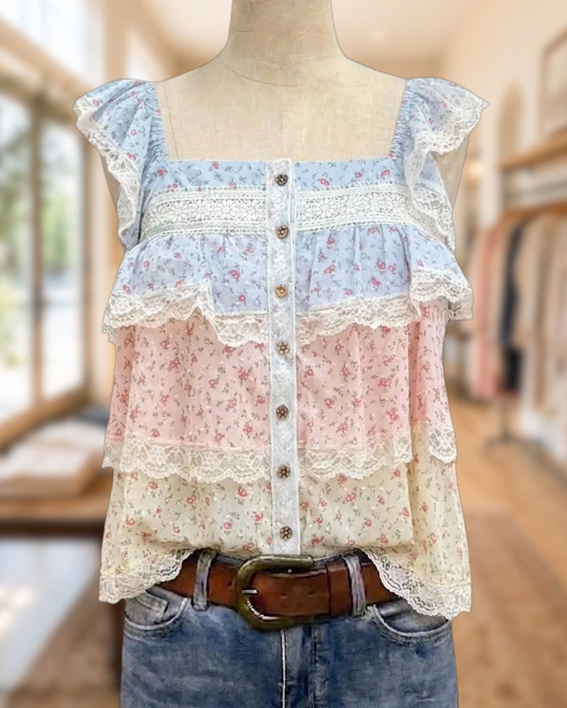 Floral Tiered Lace Trim Button Front Flutter Sleeve Blouse