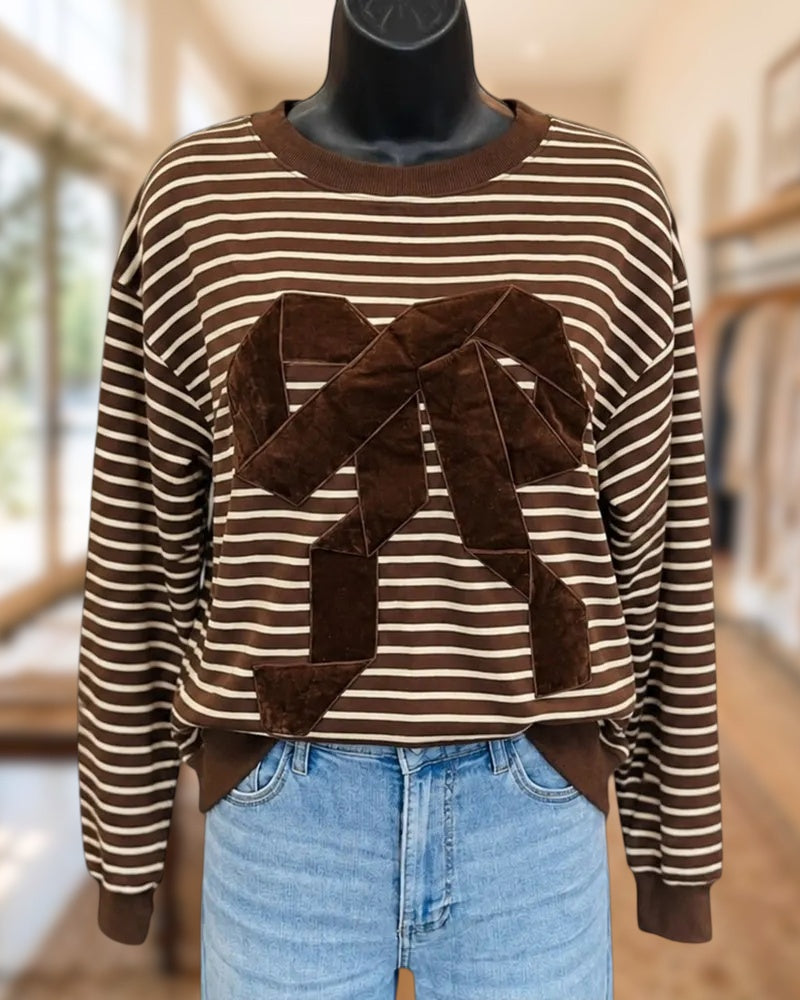 Striped Crew Neck Sweatshirt With Decorative Velvet Bow Detail