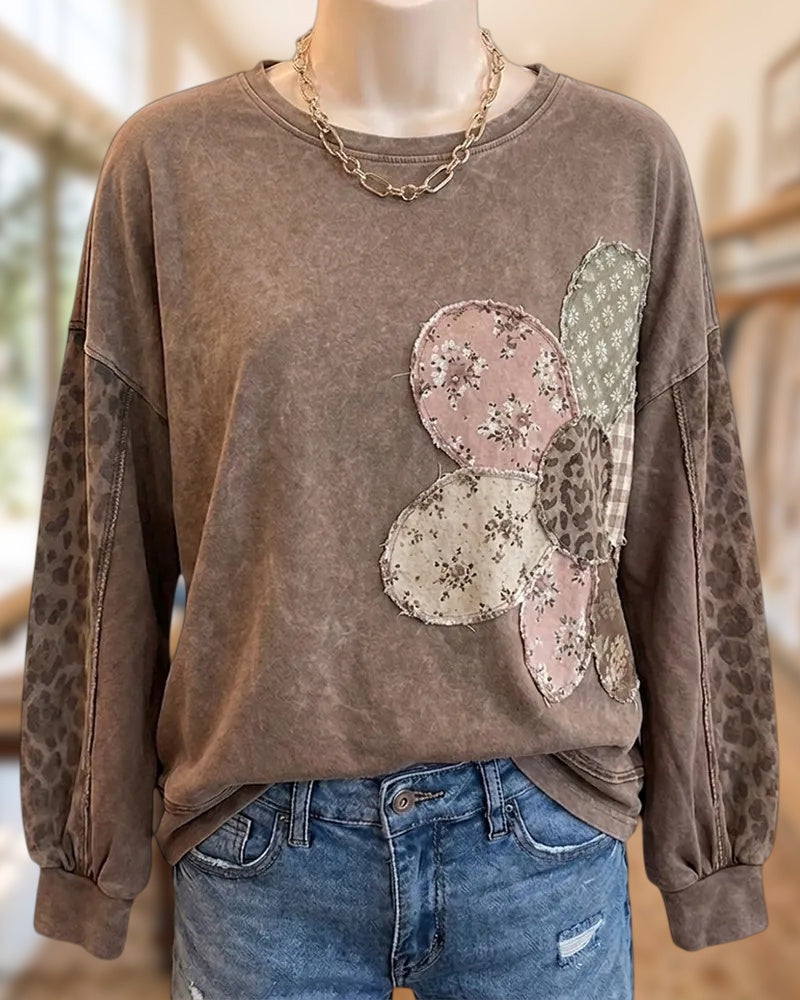 Patchwork Detail Floral Applique Long Sleeve Crew Neck Casual Sweatshirt