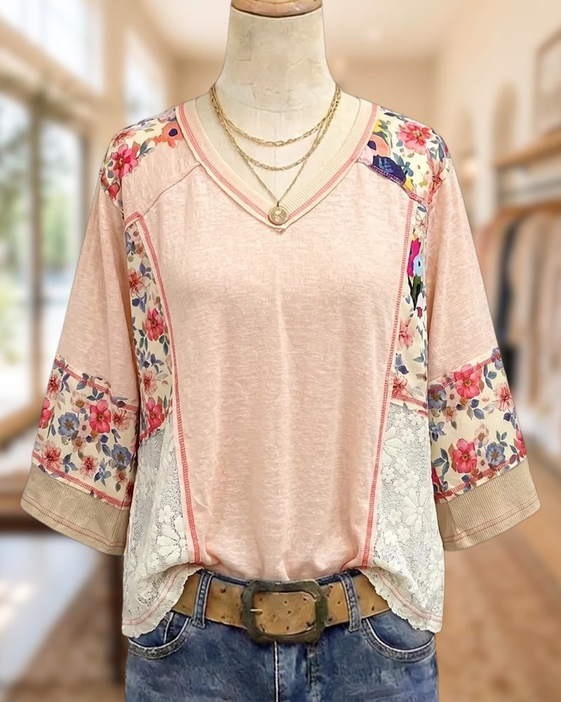 V Neck Floral Patchwork Lace Insert 3/4 Sleeve Blouse