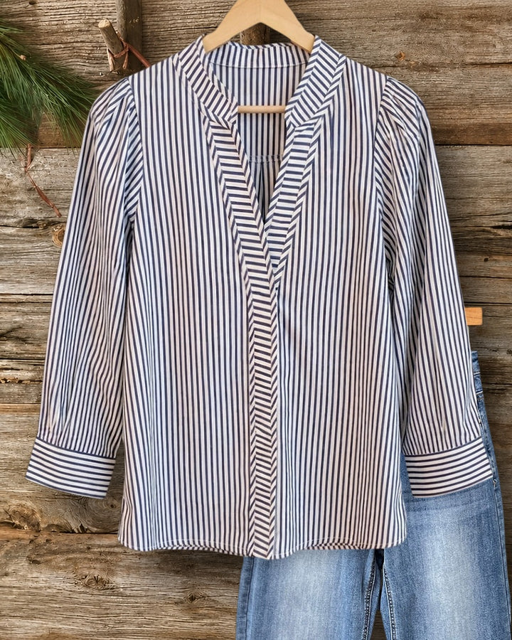 Striped V Neck 3/4 Sleeve Simple Blouse