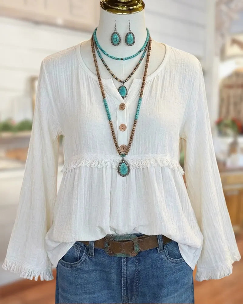 Fringe Trim Half Button Empire Waist Long Sleeve Blouse