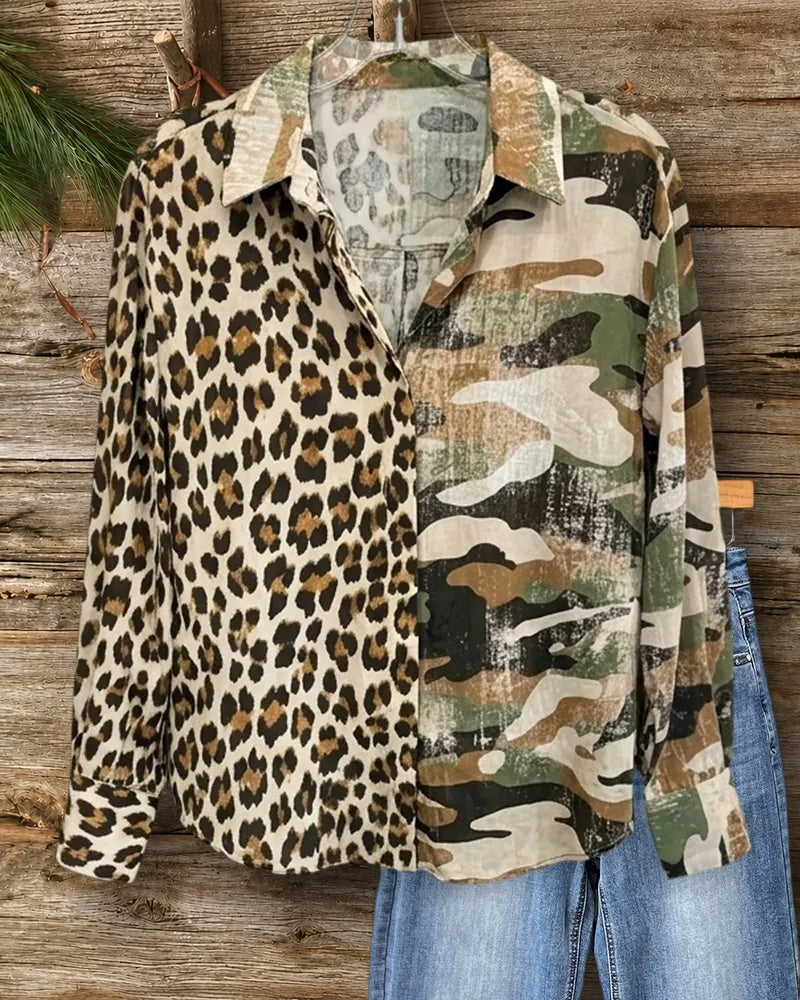 Contrast Leopard Camo Print Button Front Long Sleeve Shirt