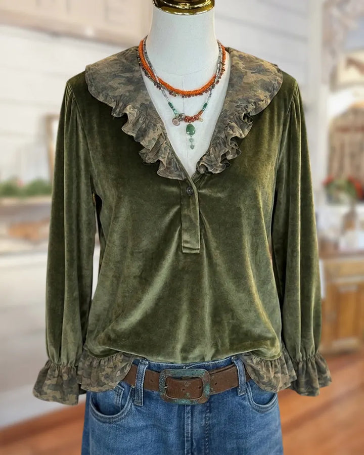 Velvet Ruffle Trim V Neck Blouse