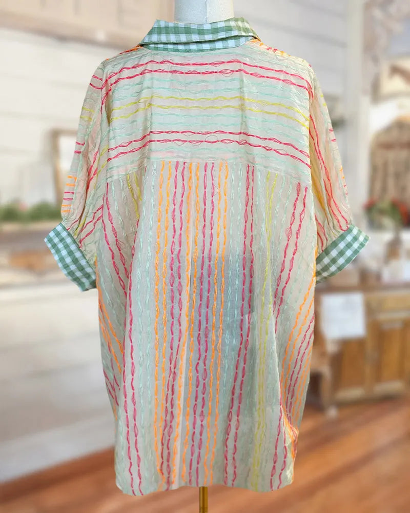 Checked Trim Collar Cuffed Short Sleeve Button Front Striped Shirt