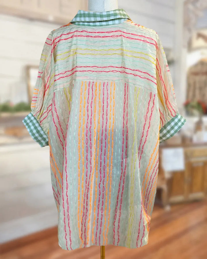 Checked Trim Collar Cuffed Short Sleeve Button Front Striped Shirt