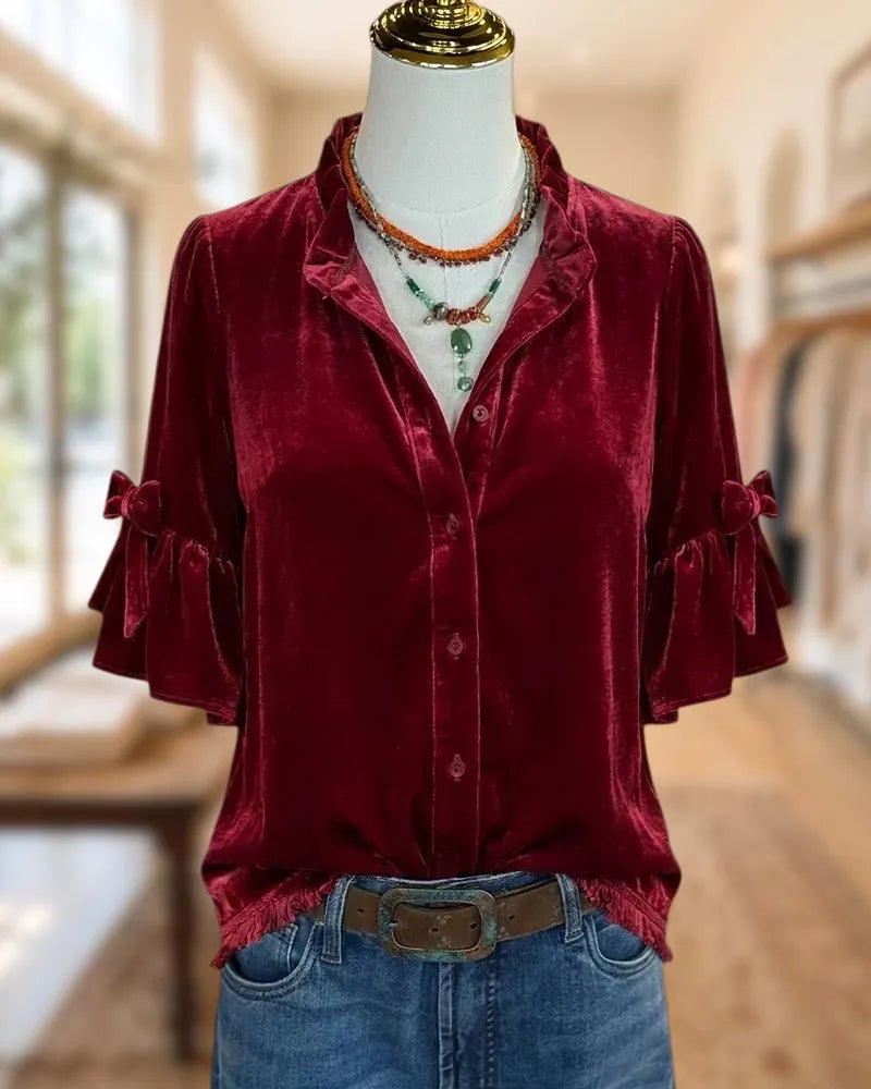 Ruffled Collar Bow Detail Flare Sleeve Button Front Blouse