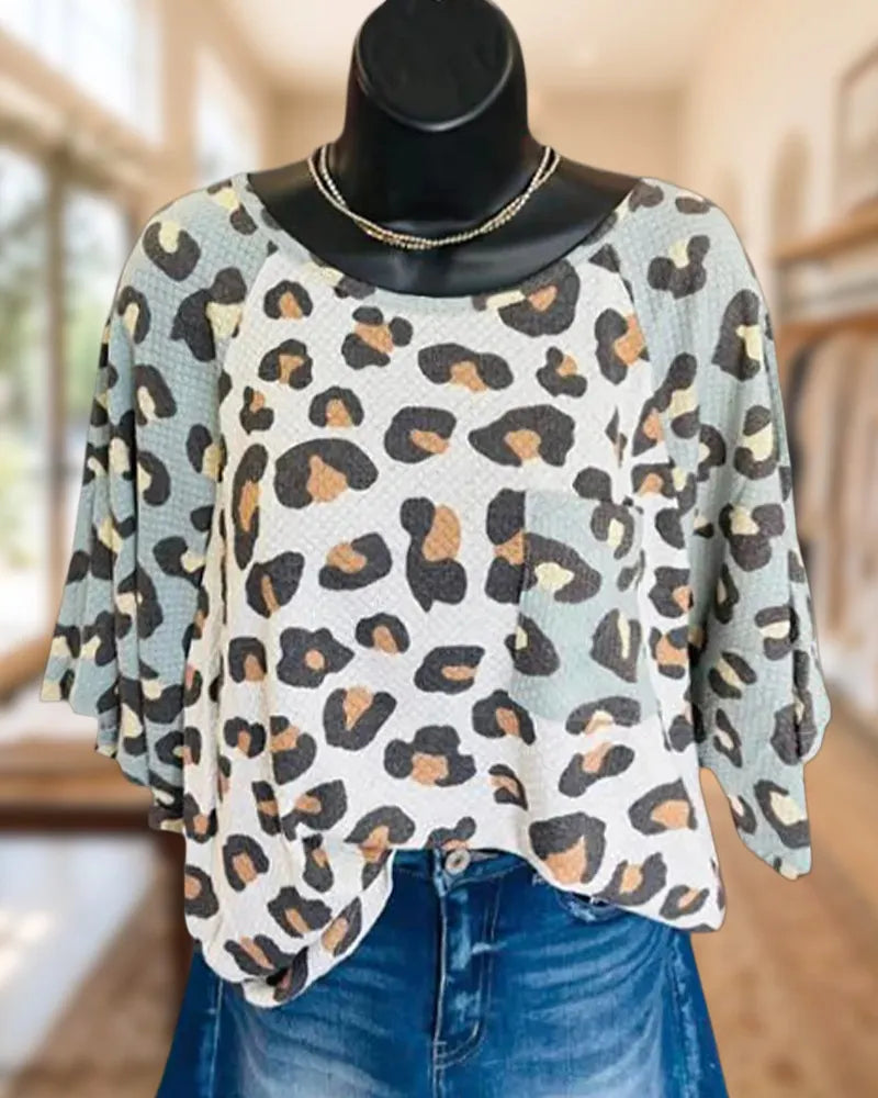 Leopard Print Raglan Sleeve Patch Pocket Round Neck Blouse