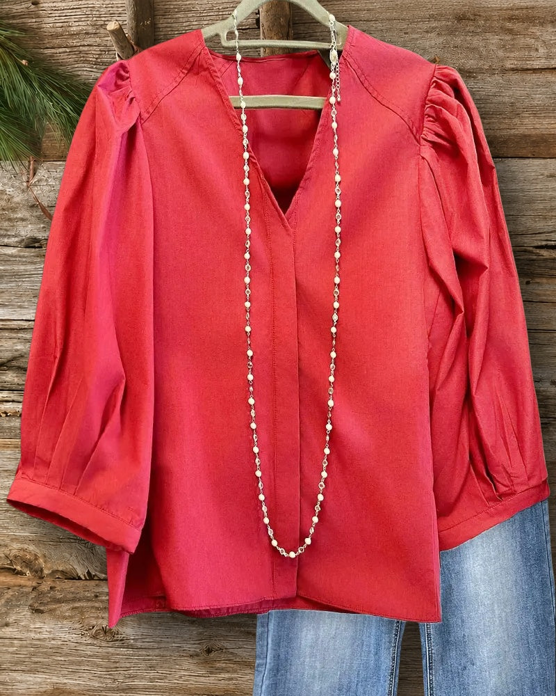 Solid Color V Neck Simple Blouse