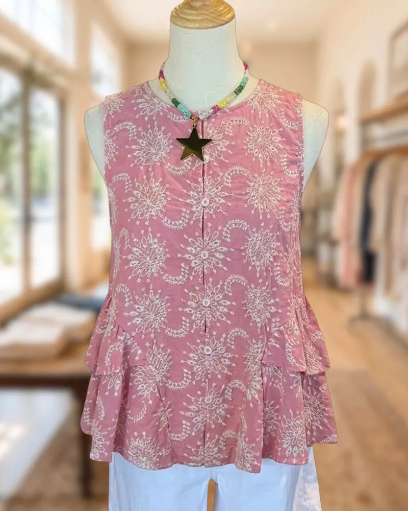 Embroidered Button Front Tiered Peplum Sleeveless Lightweight Casual Top