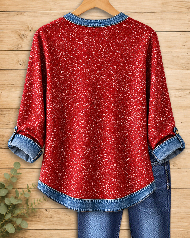 Denim Trim Henley Placket Roll Cuff Loose Casual Blouse