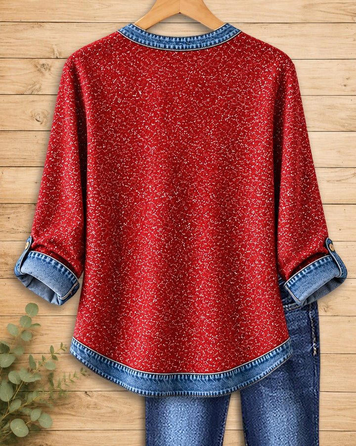 Denim Trim Henley Placket Roll Cuff Loose Casual Blouse