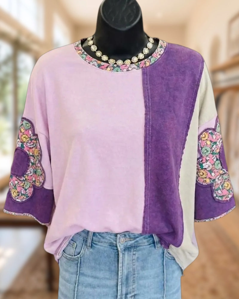 Patchwork Floral Applique Contrast Panel Half Sleeve Loose Casual Top