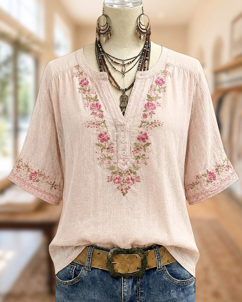 Floral Embroidered V Neck Half Placket Loose Casual Blouse