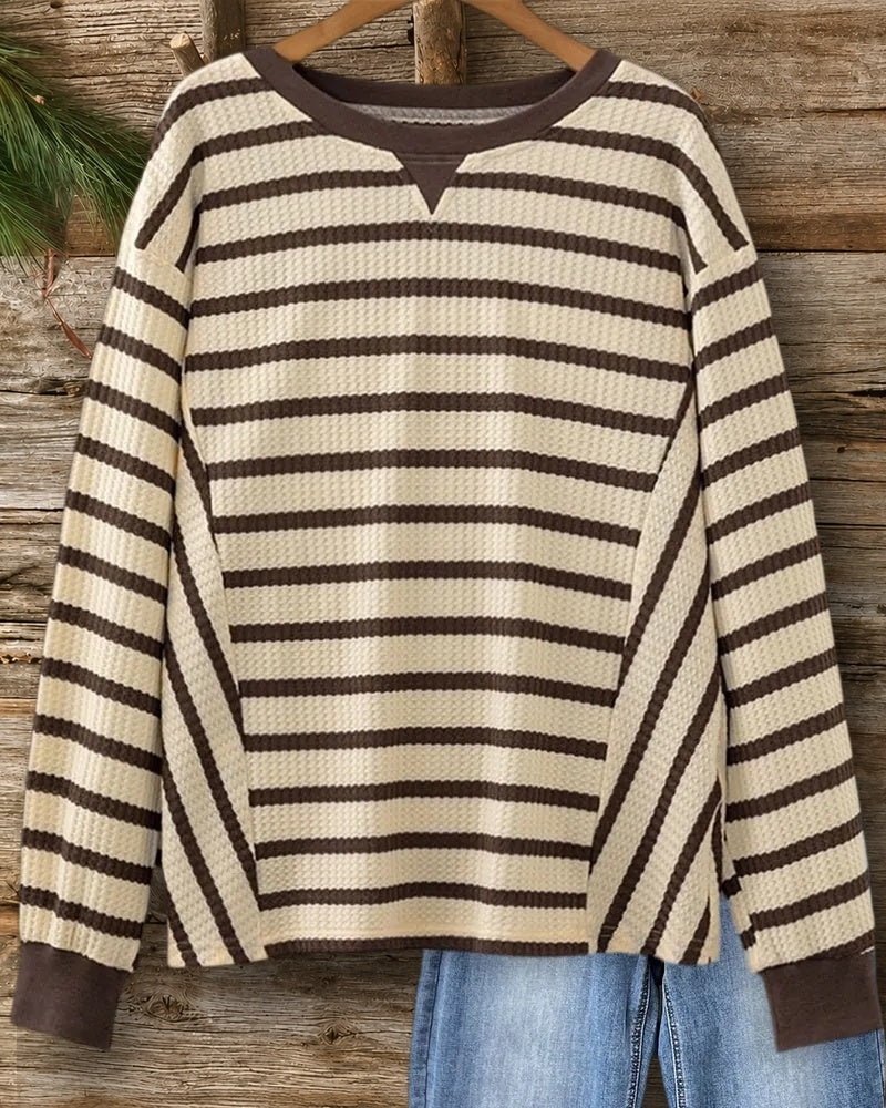 Striped Waffle Knit Crew Neck Long Sleeve Casual Sweatshirt