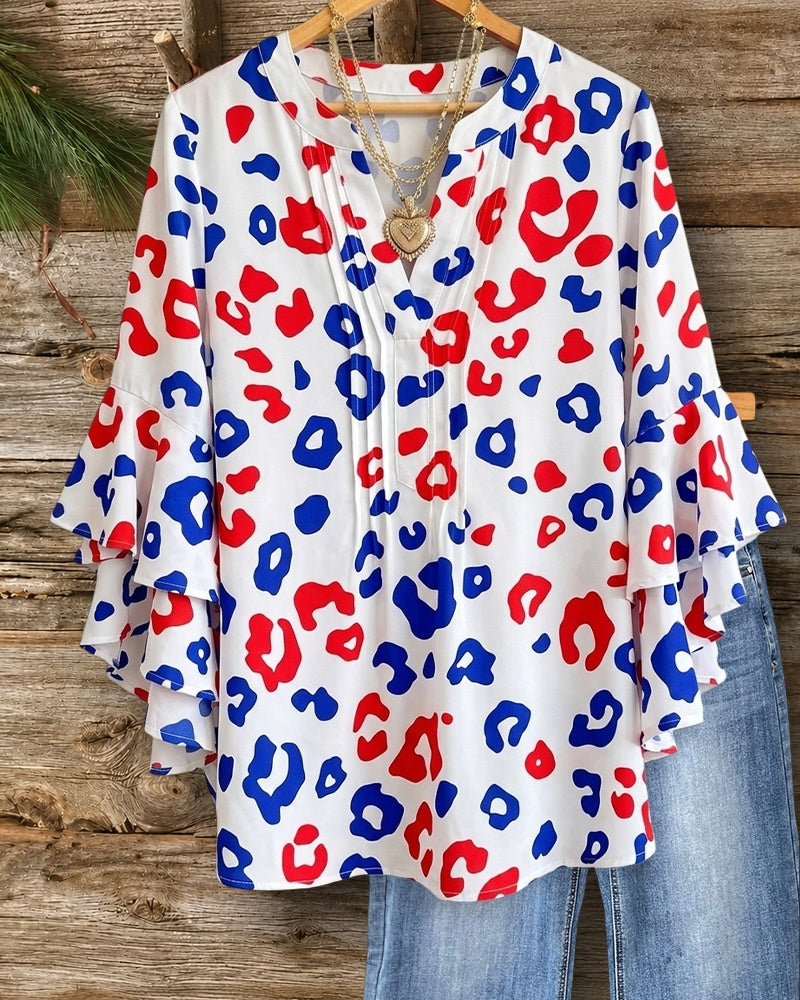 Leopard Print V Neck Ruffle Sleeve Casual Blouse