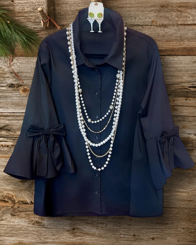 Solid Color Rocking Bow Decor Bell Sleeve Button Down Blouse