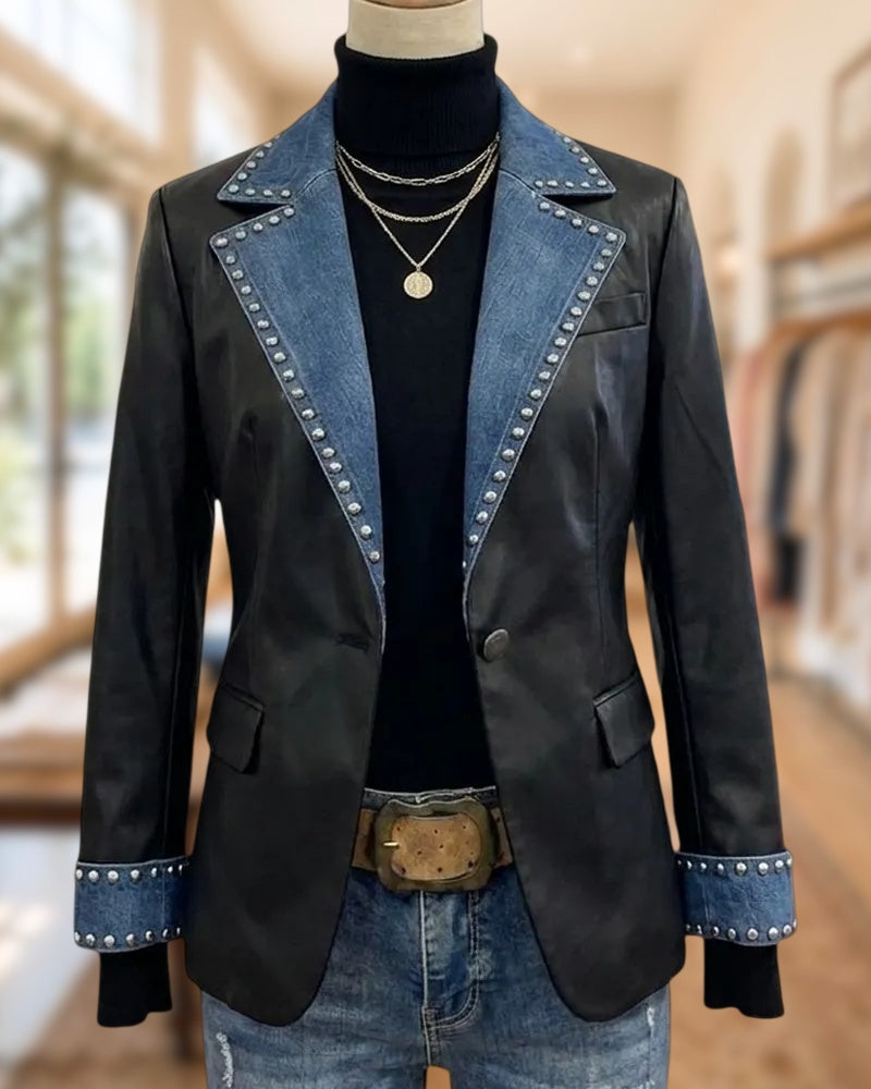 Studded Contrast Denim Lapel Single Button Western Blazer