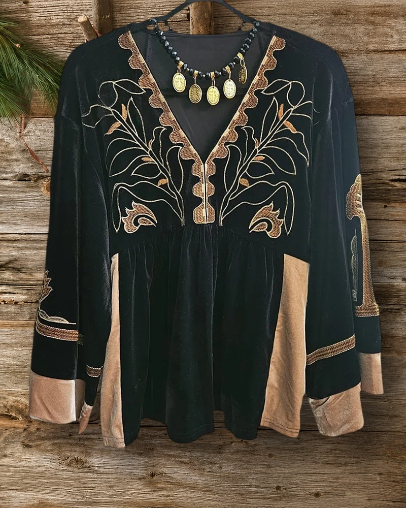 V Neck Embroidered Velvet Babydoll Elegant Blouse