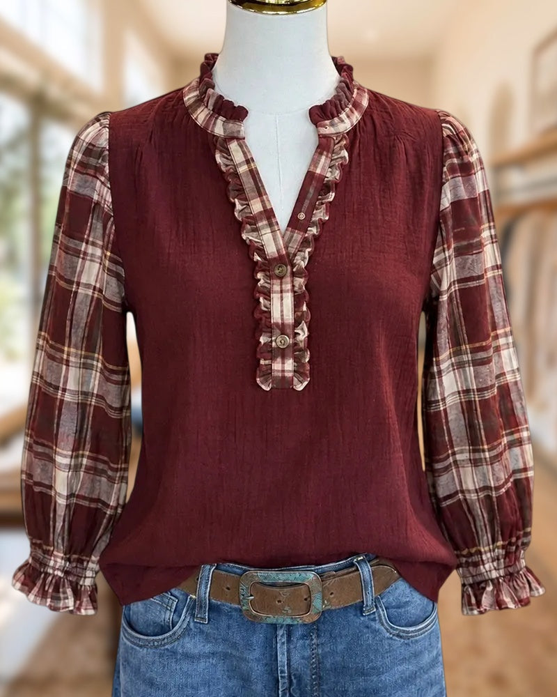 Ruffled V Neck Plaid Contrast Half Button Blouse