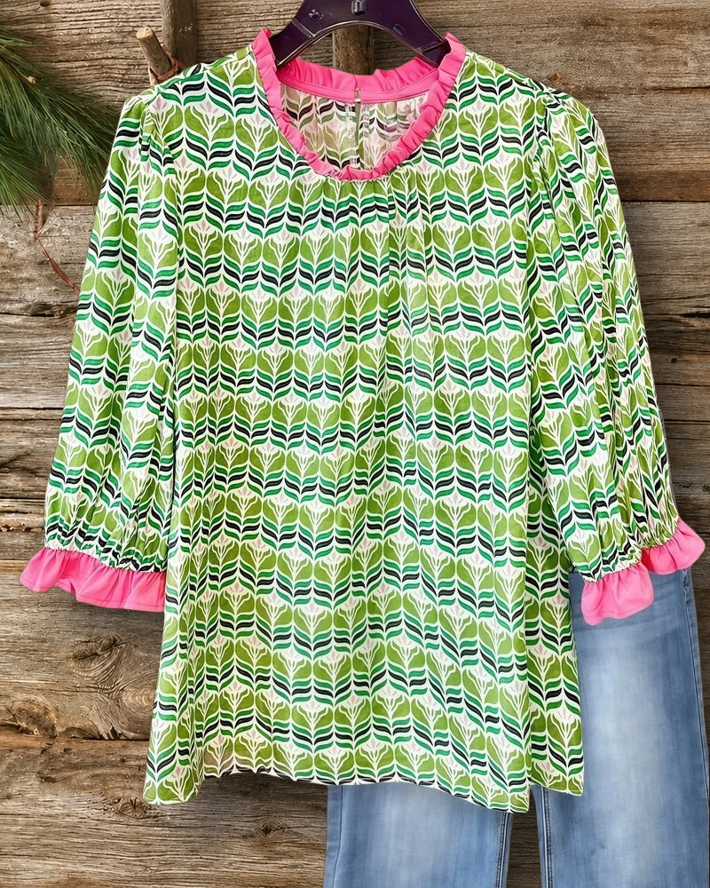Graphic Print Ruffles Trim Cute T-Shirt