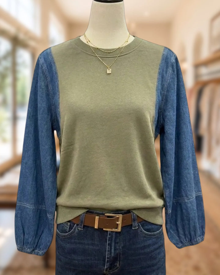 Crew Neck Contrast Denim Long Sleeve Casual Sweatshirt