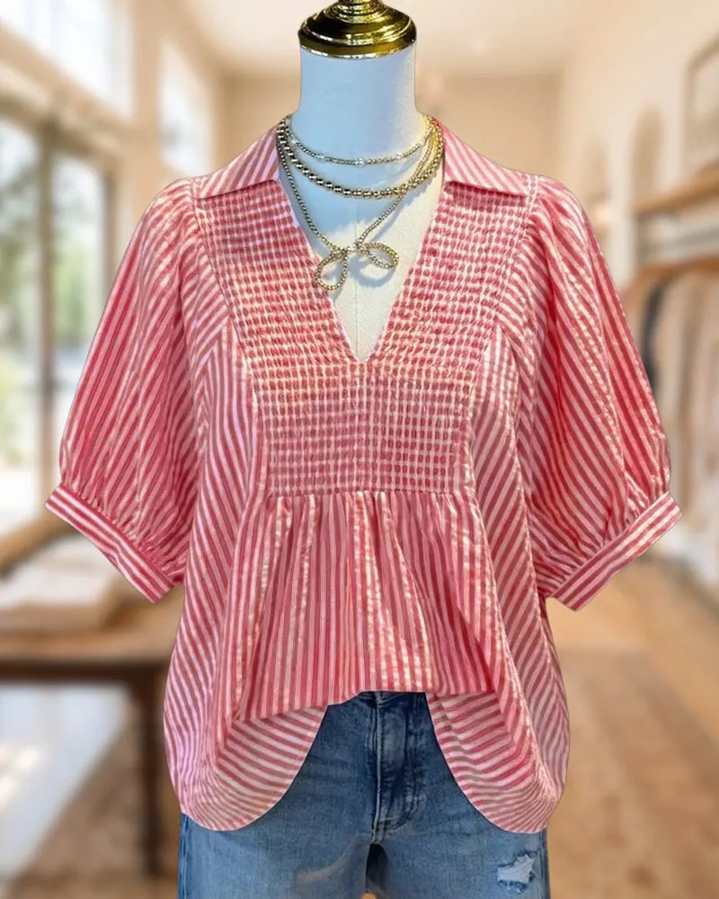 Striped Smocked V Neck Relaxed Fit Puff Sleeve Blouse